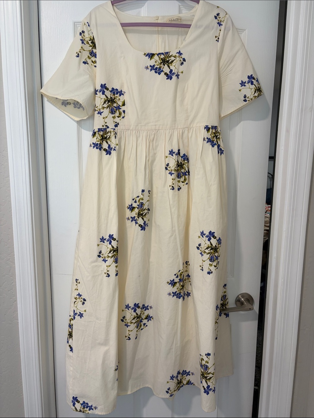 Roolee Cream Midi Dress with Blue Floral Print
